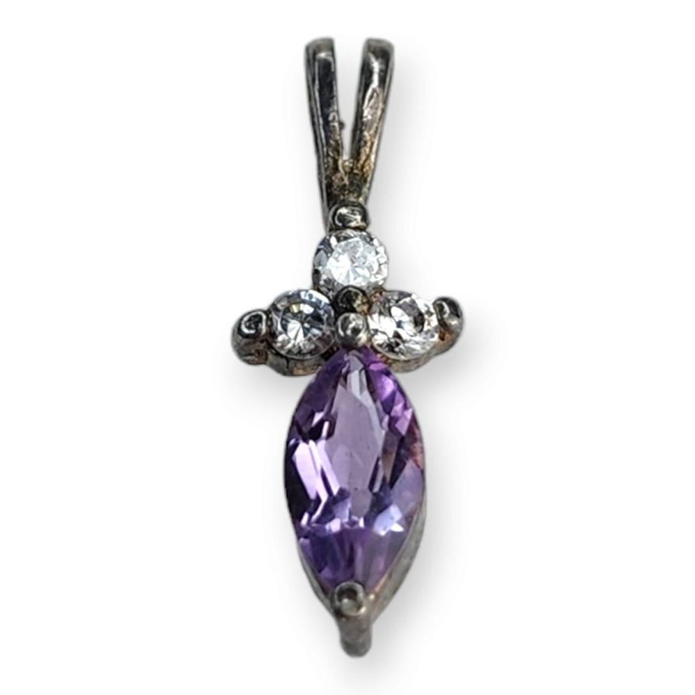 Vintage Sterling Silver 925 Amethyst and Cubic Zirconia Pendant Signed (M)